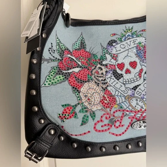 NEW ED HARDY DENIM SKULL, RHINESTONES and FLOWERS SHOULDER BAG Y2K biker - Picture 3 of 9